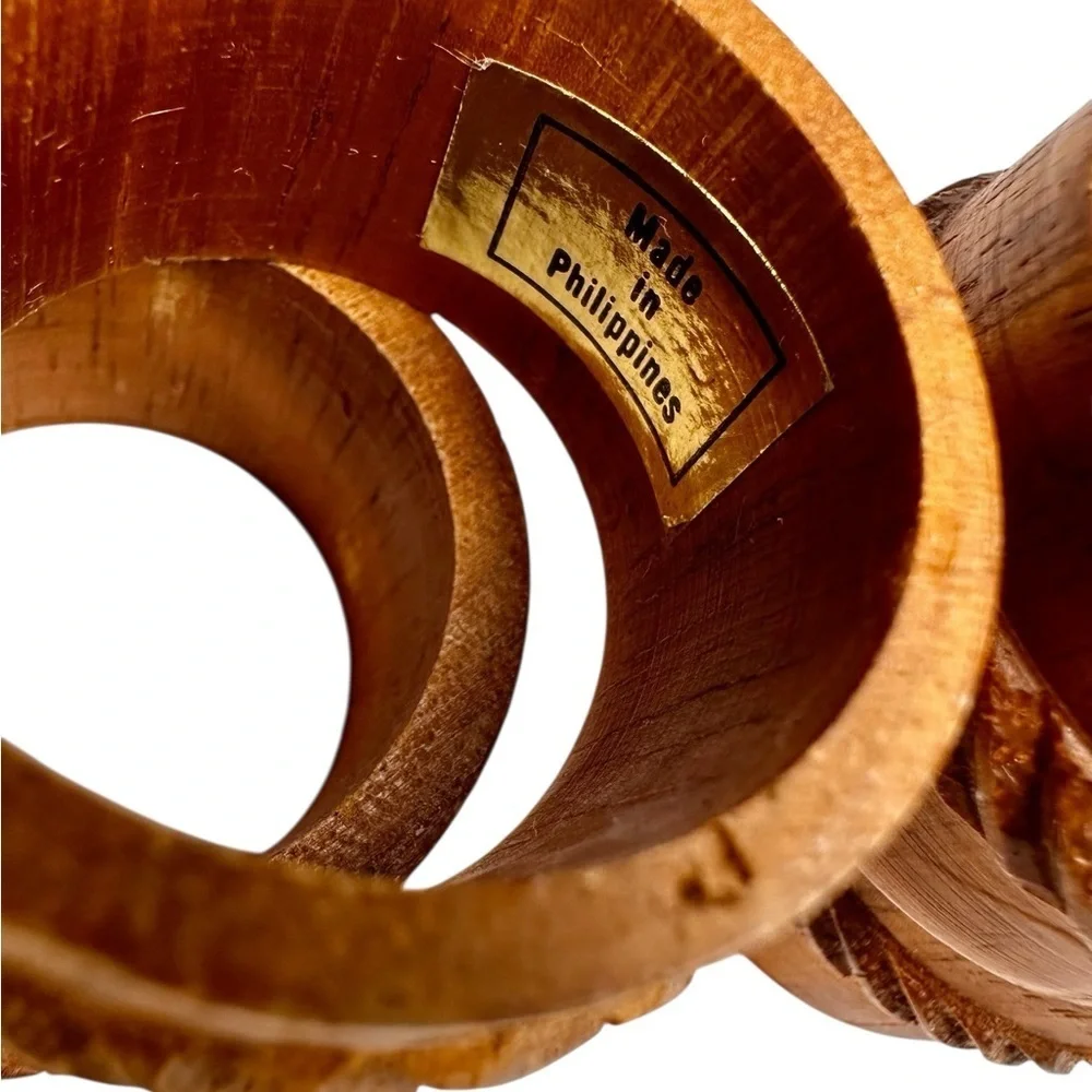 Vintage Napkin Rings Carved Wooden Dark Brown Wood Natural Boho Mixed Lot of 8